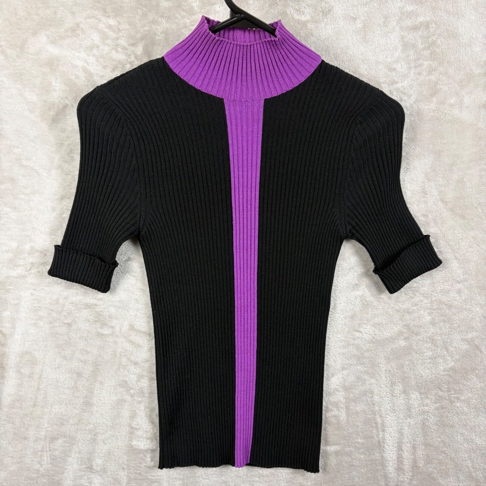 Escada Knit Top Womens XS Ribbed Mock Neck Short Sleeve Top Black Purple  IT 36